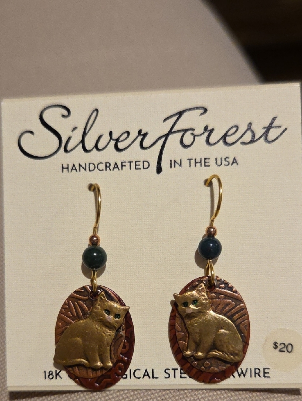 Silver Forest Gold & Copper Cat Dangle Earrings with Dark Green Beads